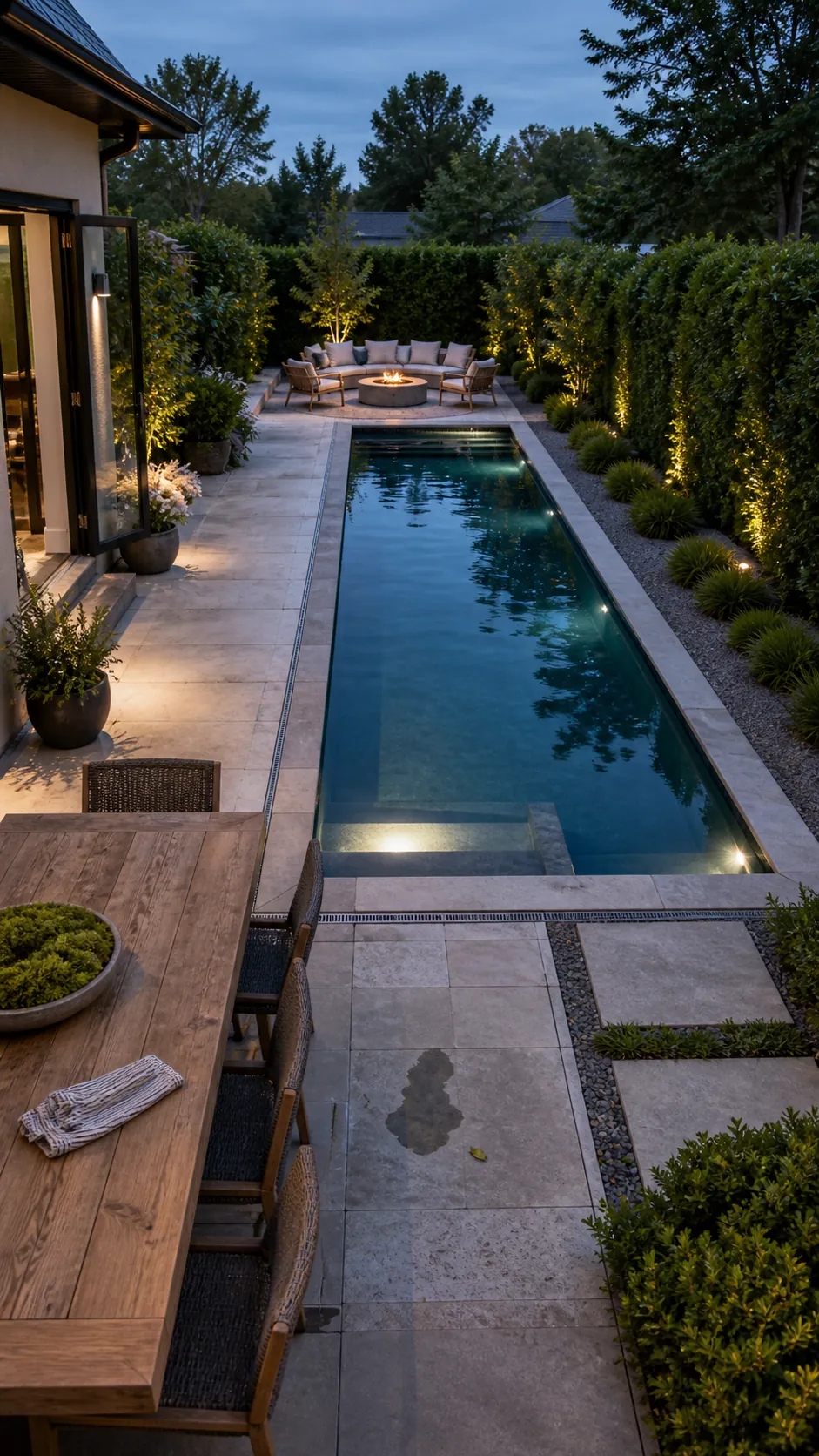 Pool layout separating dining and fire lounge zones