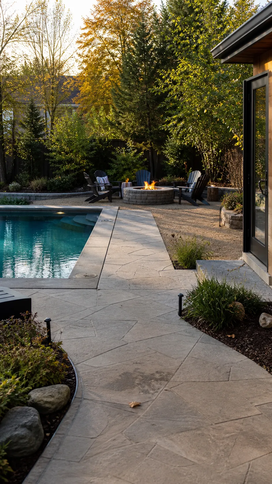 Pool and fire pit layout with an unobstructed main walkway
