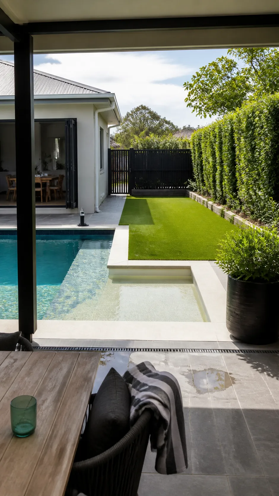 Family pool layout with play lawn beside the shallow end