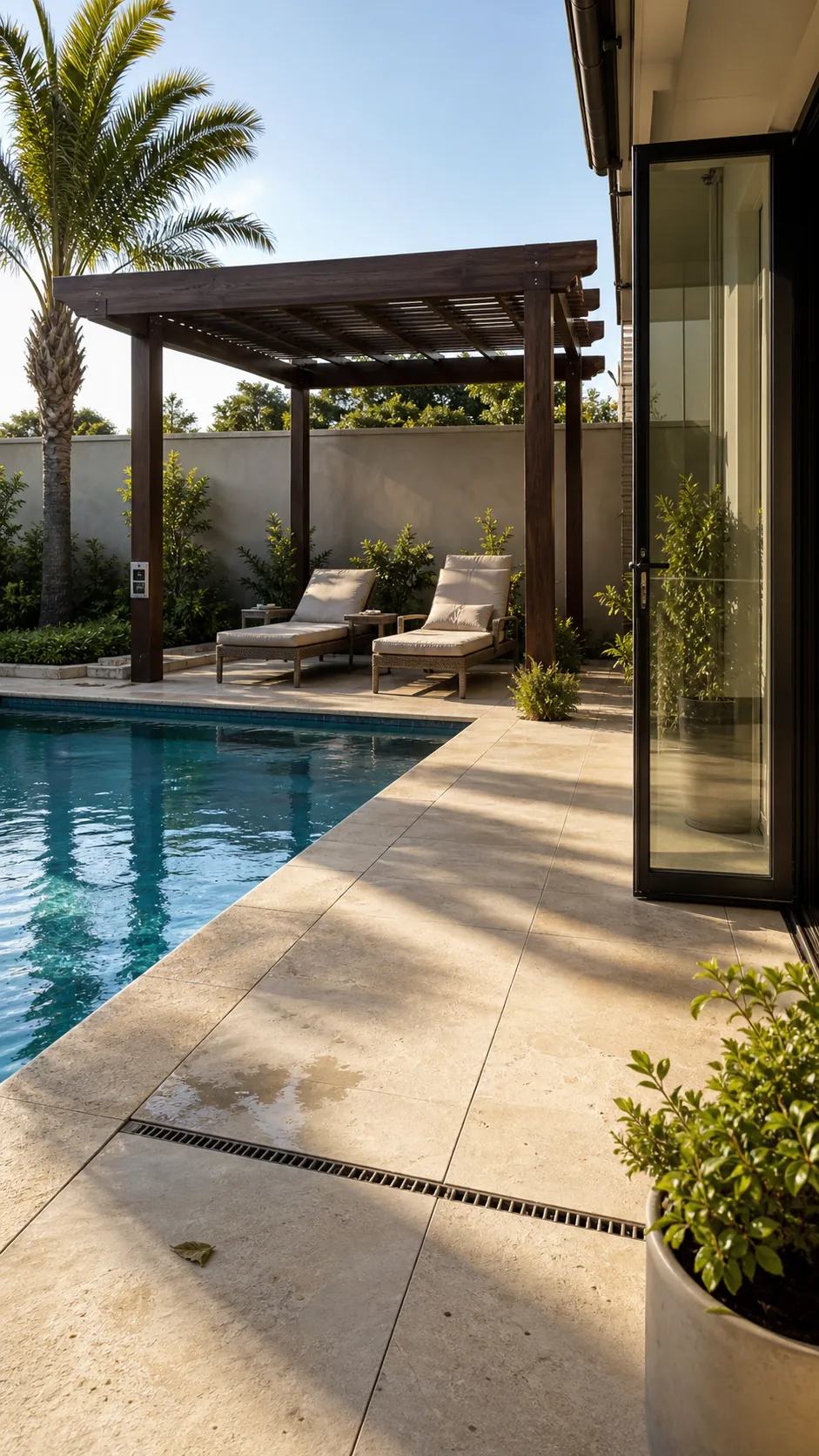 Pool layout placing afternoon shade over seating areas