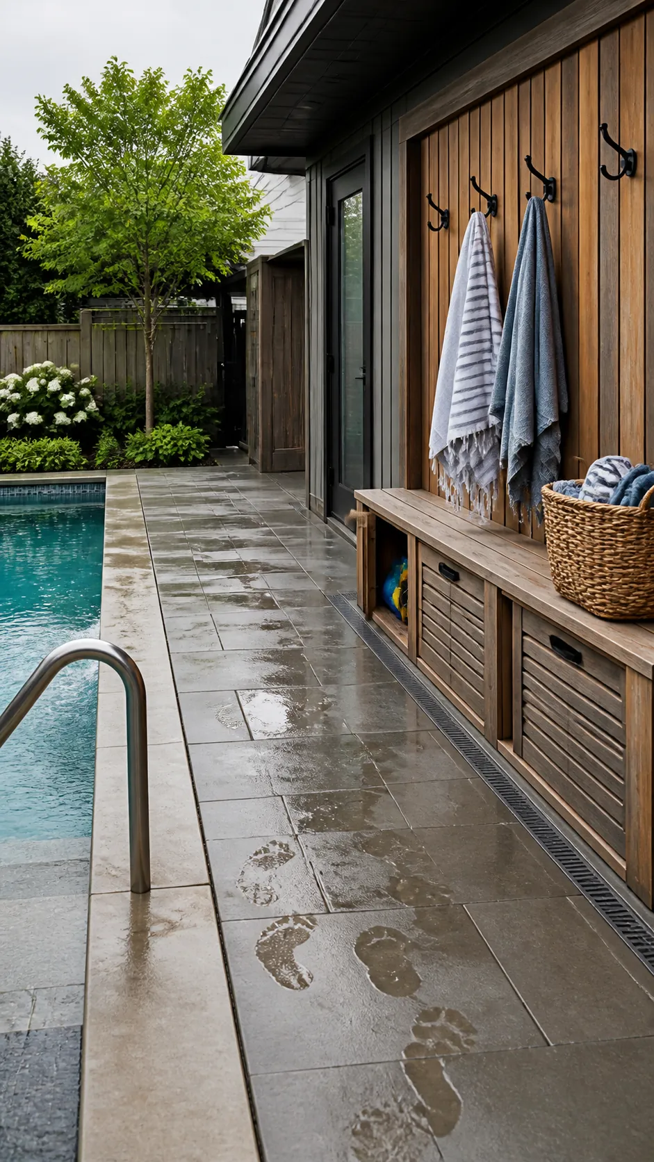 Pool layout with towel and toy storage on the route to the house