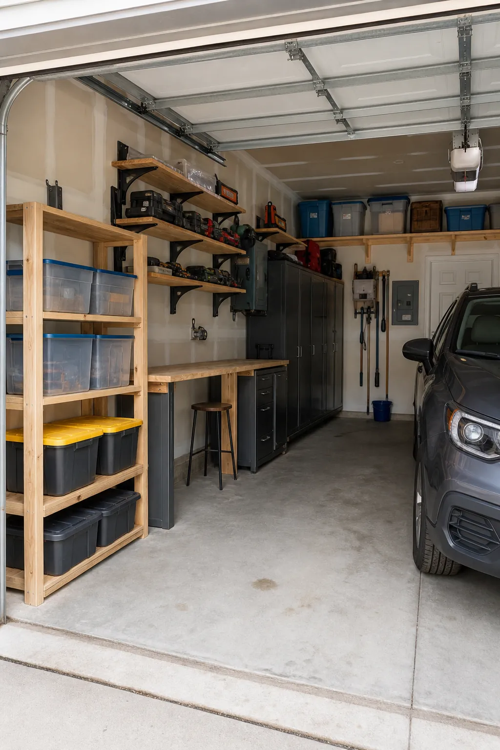 Organized two-car garage with several practical DIY shelving styles