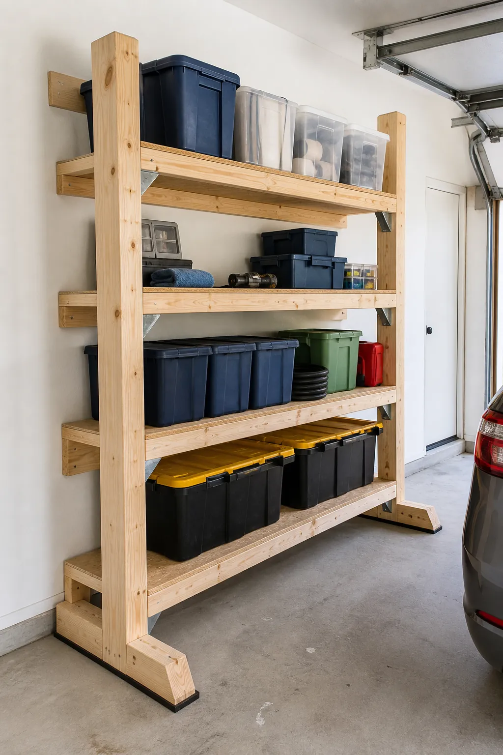 Freestanding renter-friendly wood shelving in a garage
