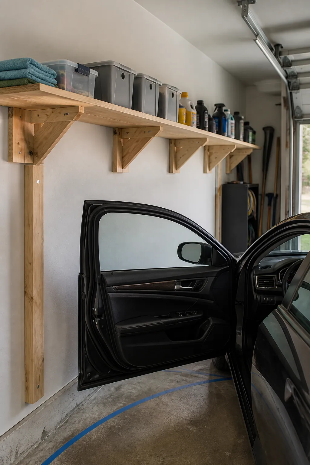 Shallow DIY garage shelf mounted safely above car door clearance