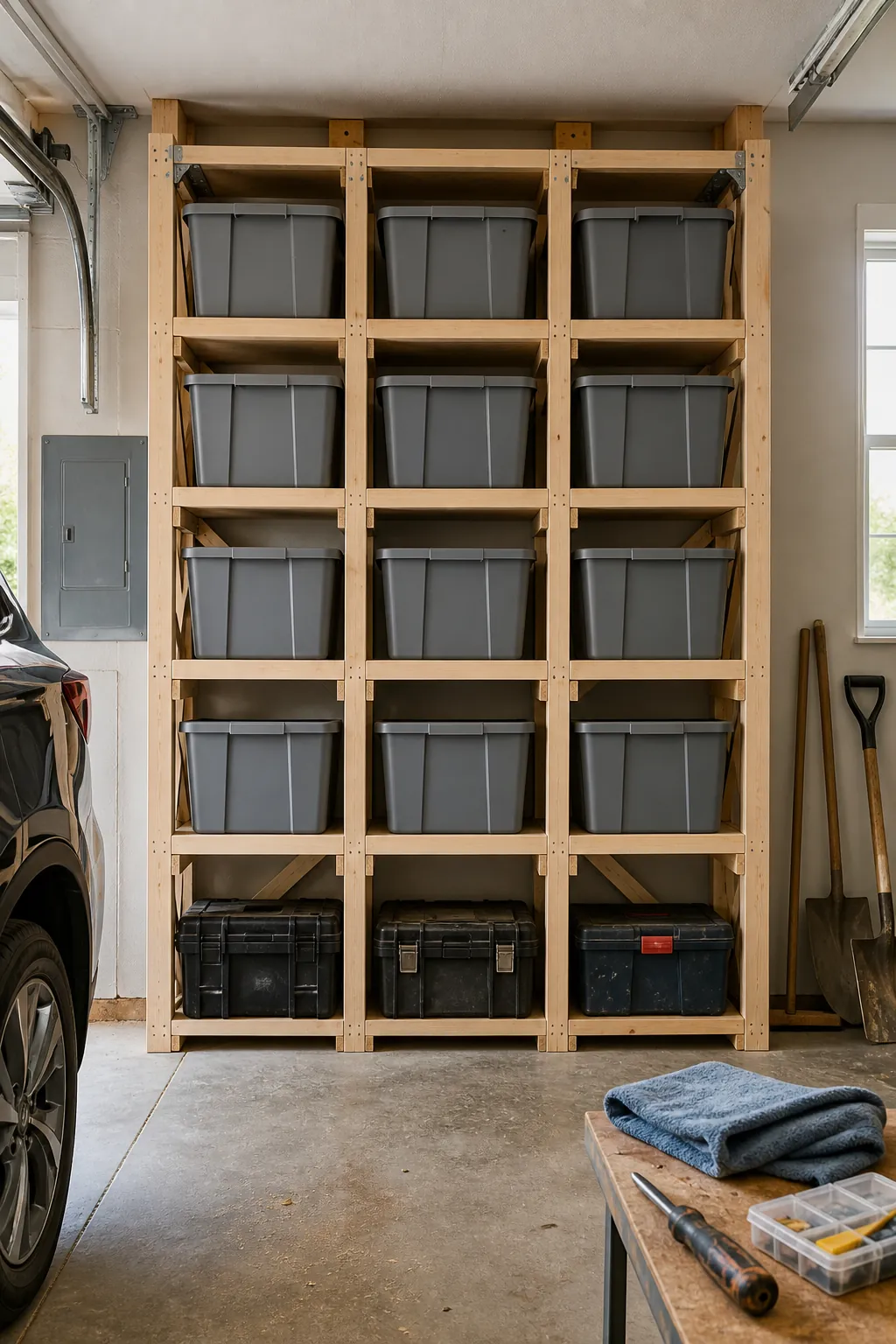 DIY 2x4 garage shelving fitted around matching storage totes