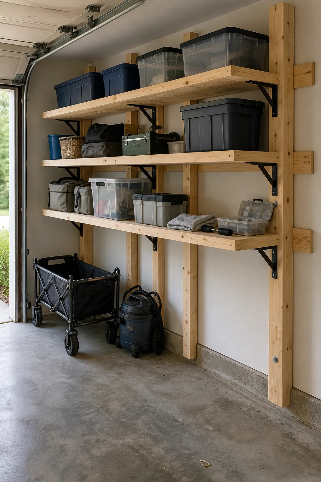 Wall-mounted ladder-frame garage shelf with clear floor below