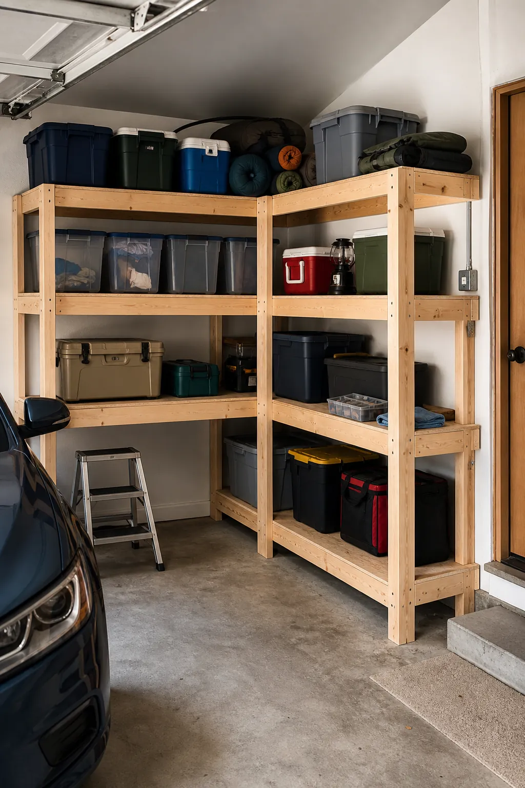 Connected L-shaped DIY shelving wrapping a garage corner