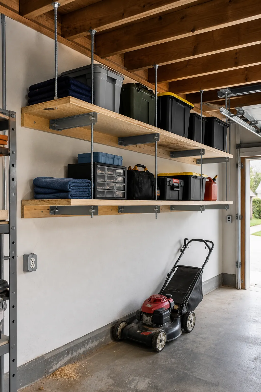 Garage shelves supported by wall ledgers and threaded ceiling rods