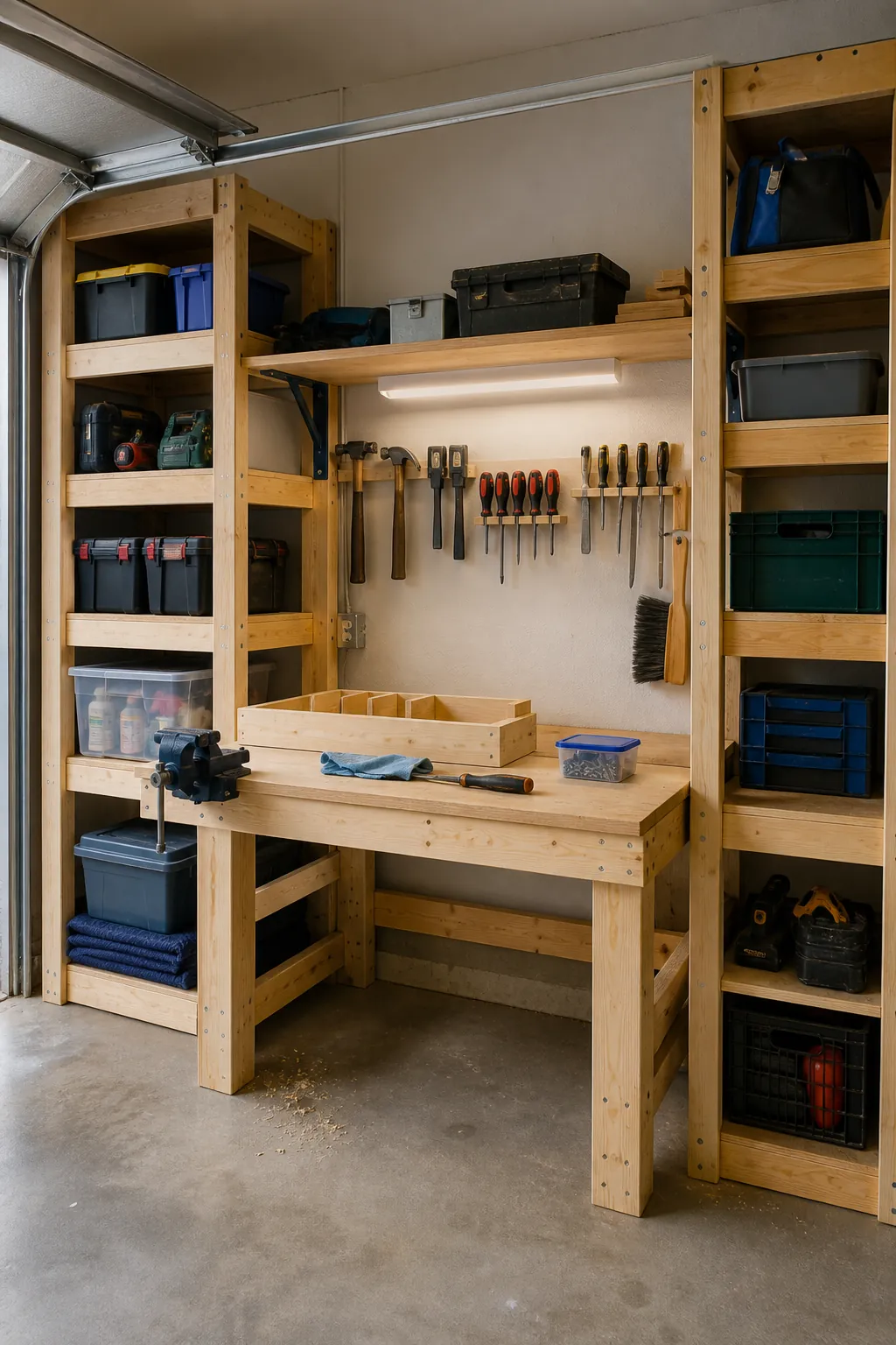 DIY workbench framed by garage shelving and task lighting