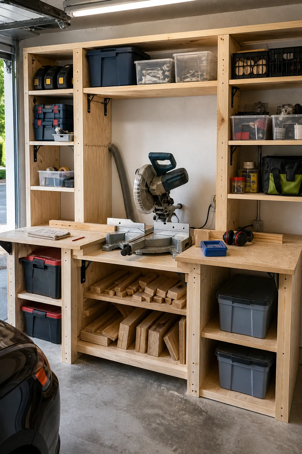 Garage shelving bay converted into a practical miter saw station