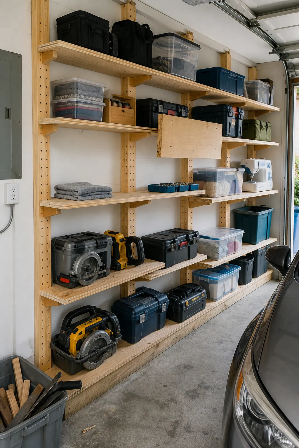 Adjustable plywood garage shelves on sturdy wall cleats