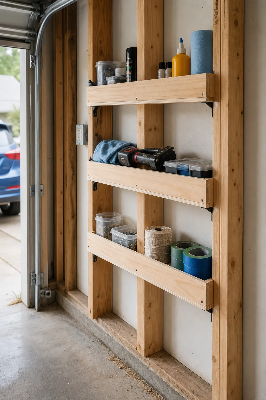 Narrow plywood storage shelves fitted between exposed garage studs