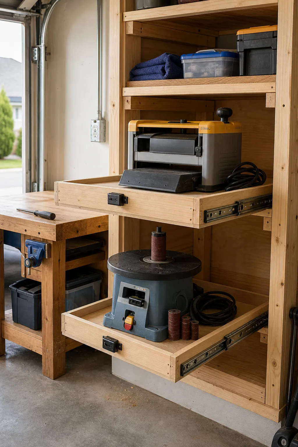 Pull-out plywood garage shelves storing compact benchtop tools