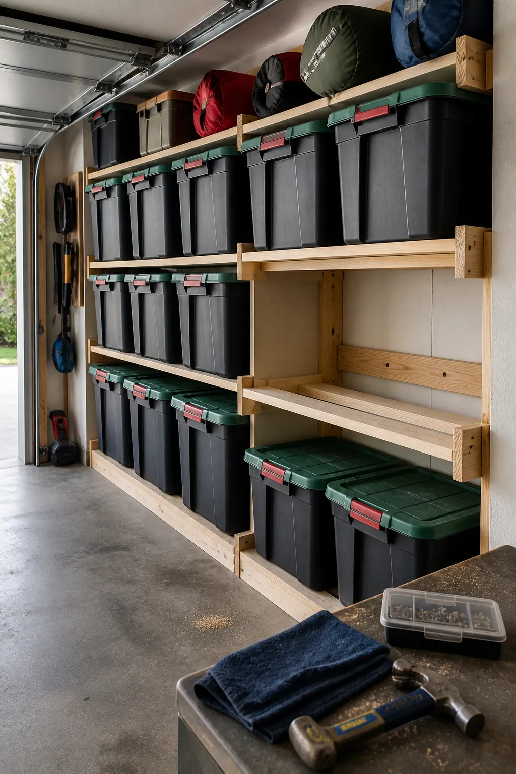 Space-saving wooden rail shelves supporting identical garage totes