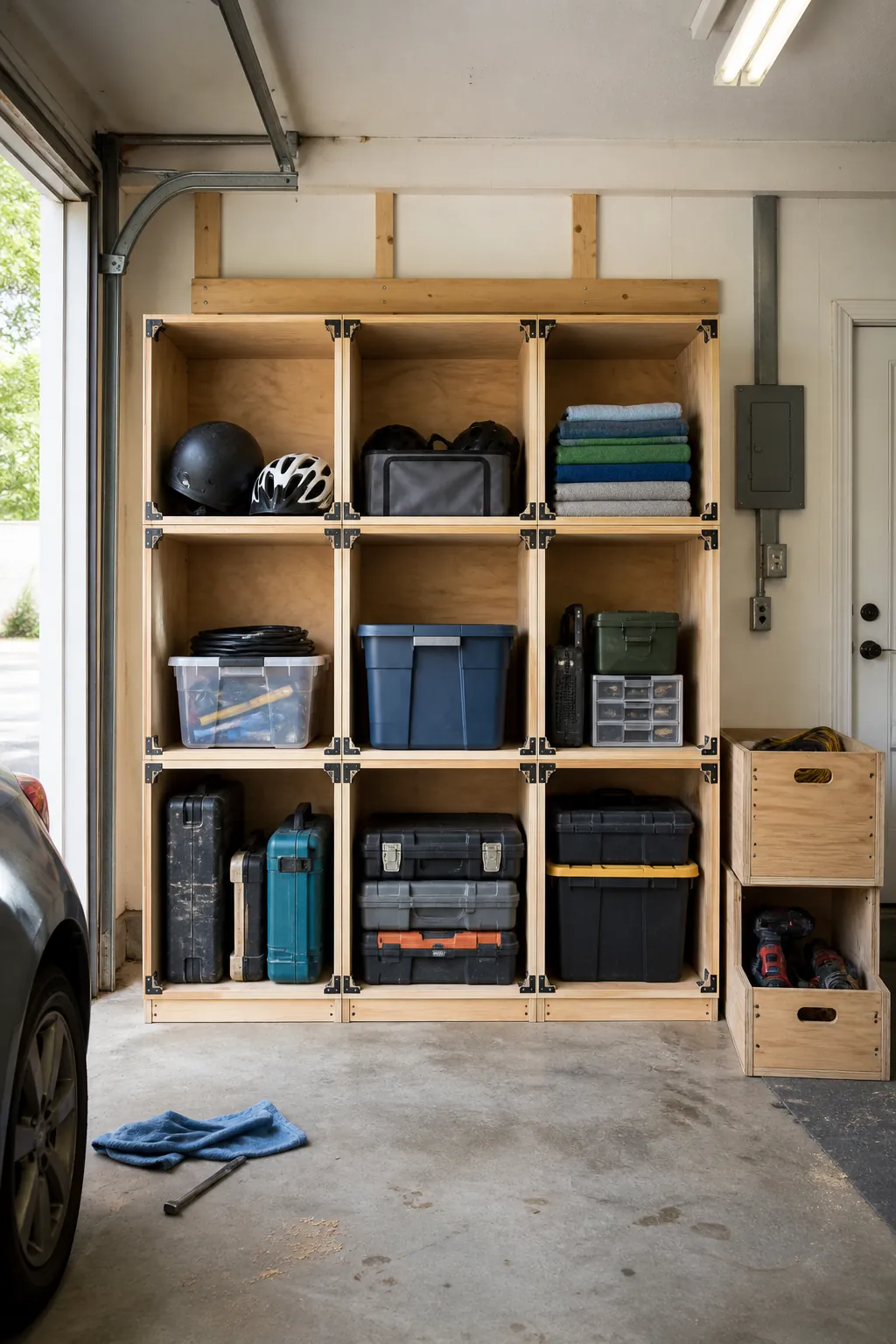 Modular plywood crate cubbies forming a garage storage wall