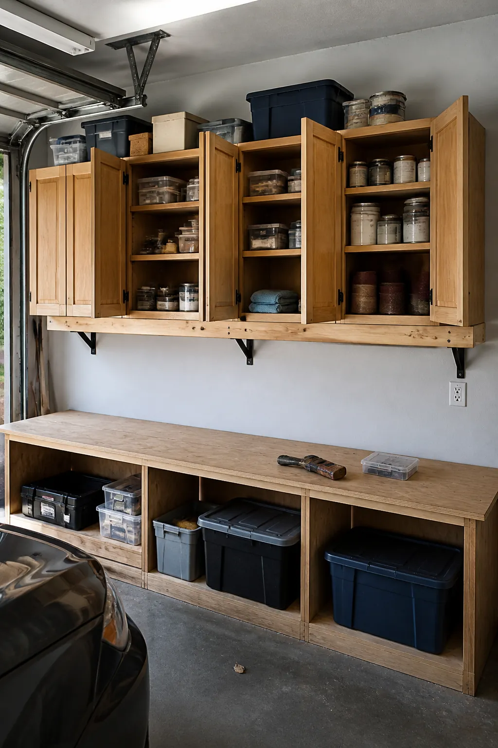 Salvaged kitchen cabinets reused as closed garage shelving