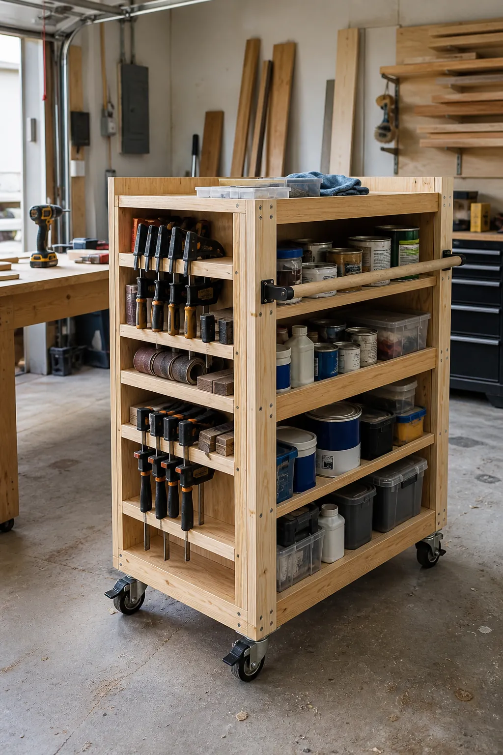 Double-sided rolling shelf cart organizing garage workshop supplies