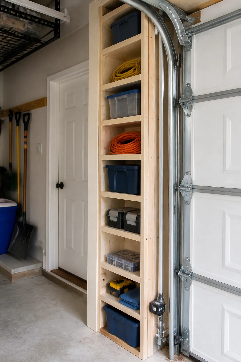 Tall shallow shelf tower fitted beside garage door tracks