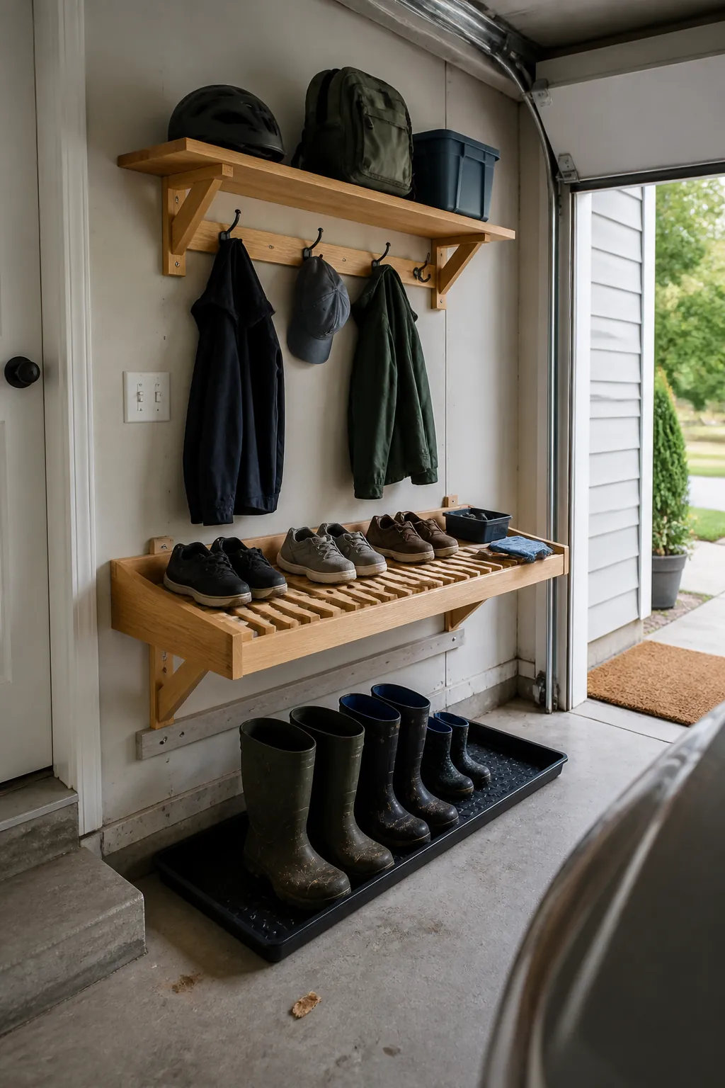Raised slatted shoe shelf and boot tray at a garage entry
