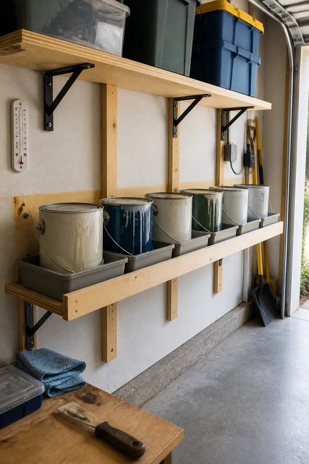 Shallow ventilated garage shelf storing paint cans in containment trays