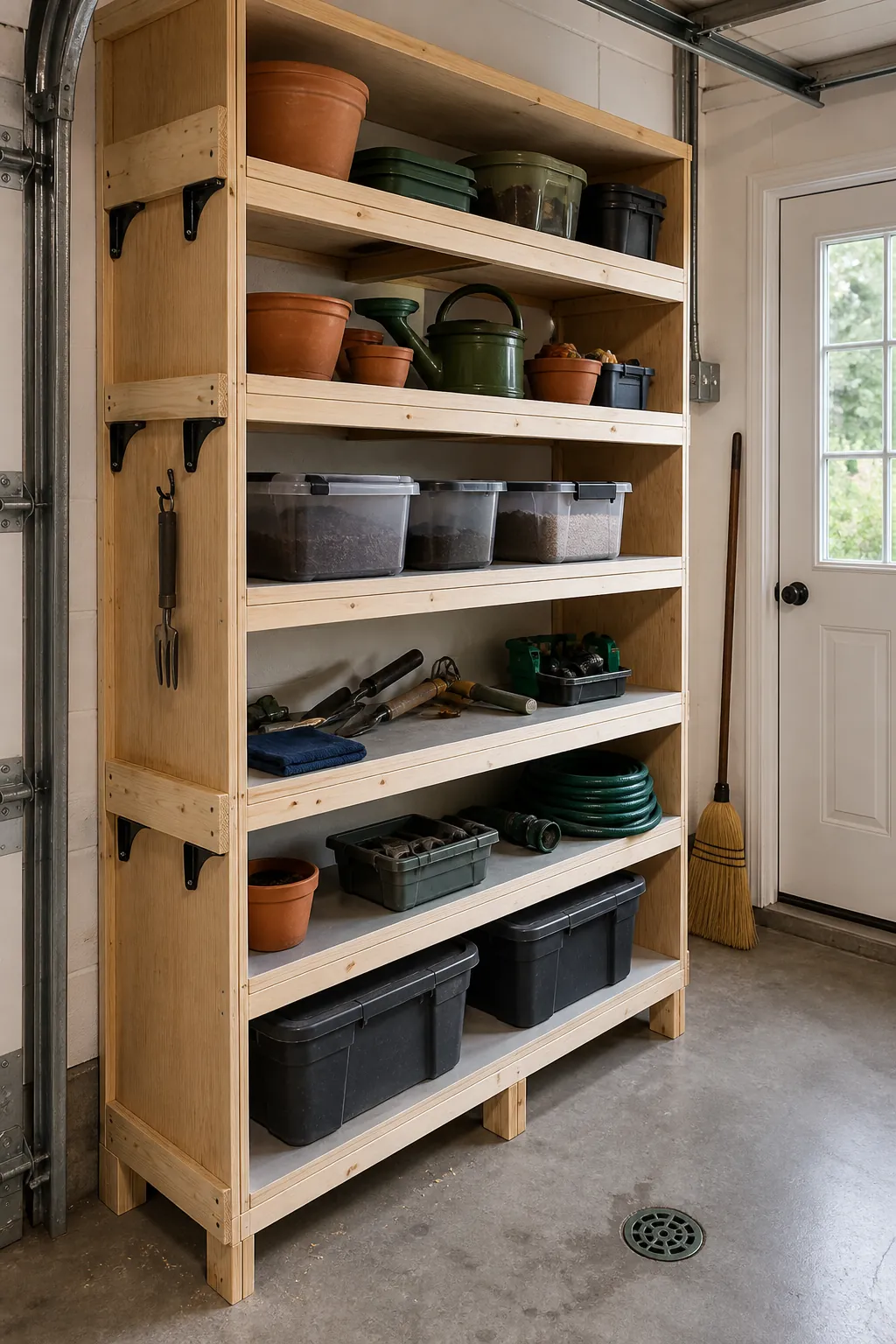 Washable DIY garden supply shelving near a garage exterior door