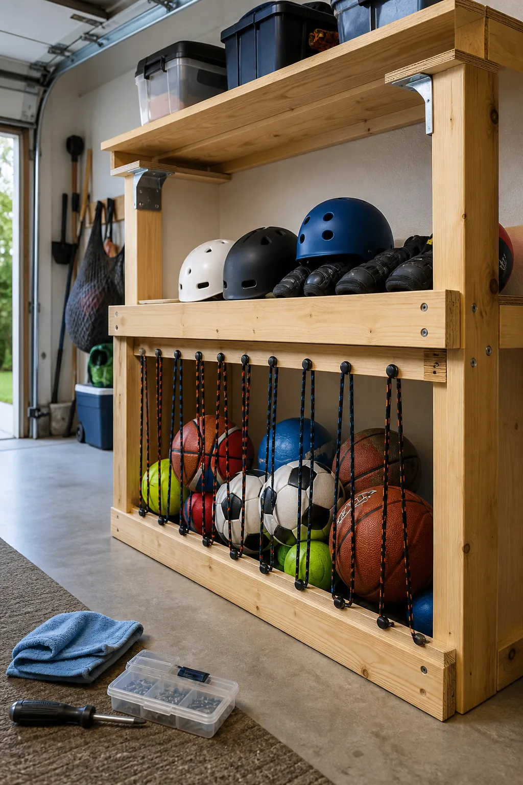 Garage shelving with a child-accessible bungee ball corral below