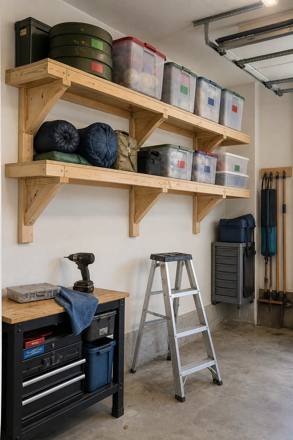 High garage shelves holding lightweight labeled seasonal bins