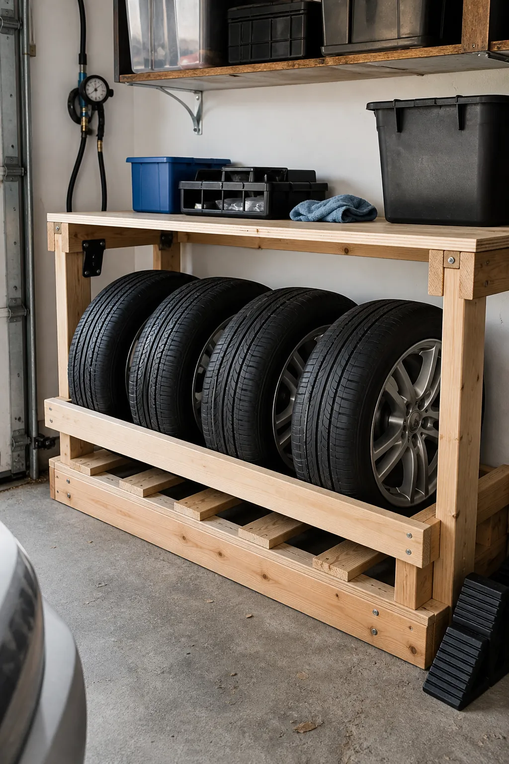 Low reinforced DIY garage shelf storing tires and wheels safely