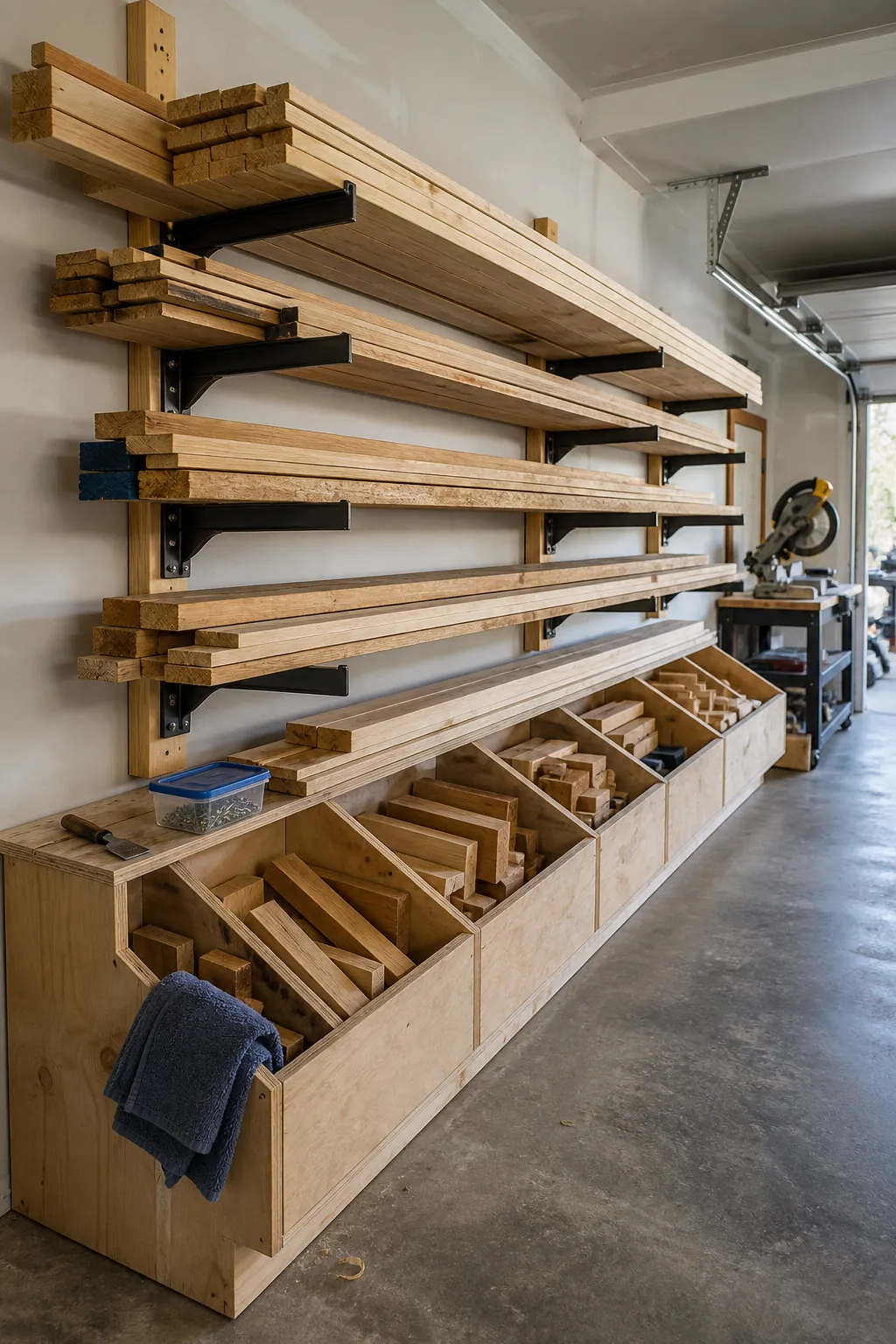DIY garage lumber shelves divided for long boards and short offcuts