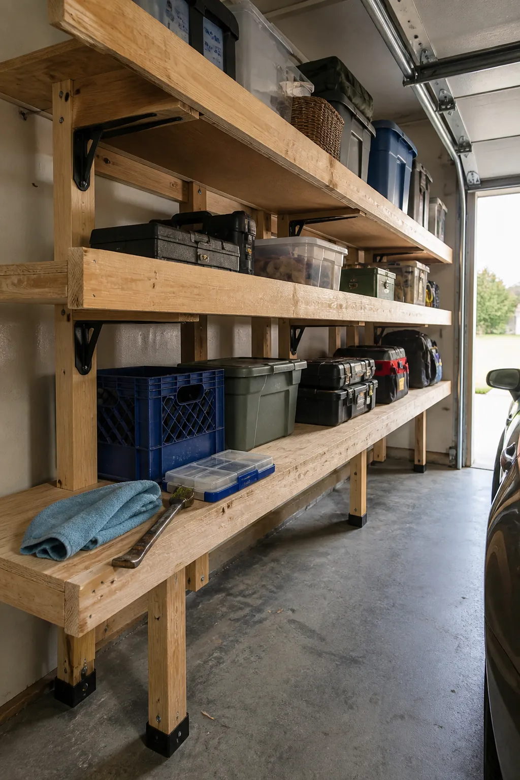 Deep plywood garage shelves reinforced with solid front-edge stiffeners