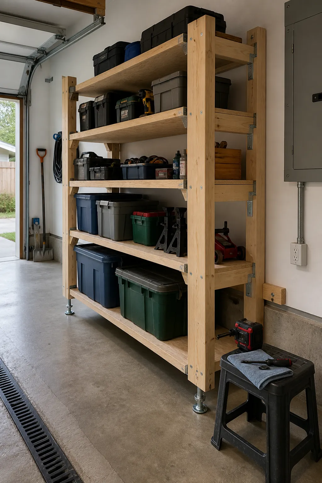 DIY garage shelf leveled safely on a sloped concrete floor