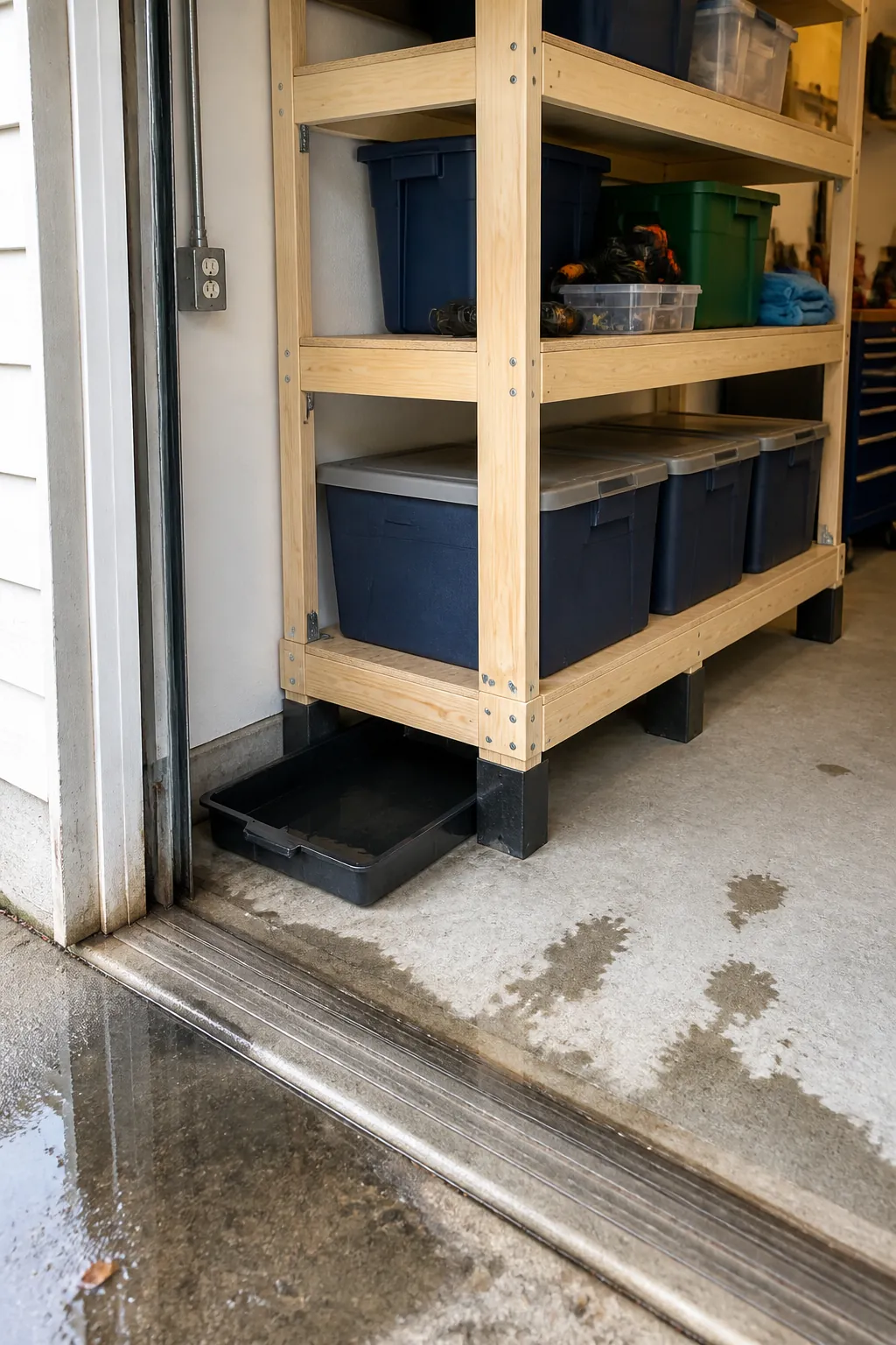 Moisture-protected bottom shelf raised above a garage concrete slab