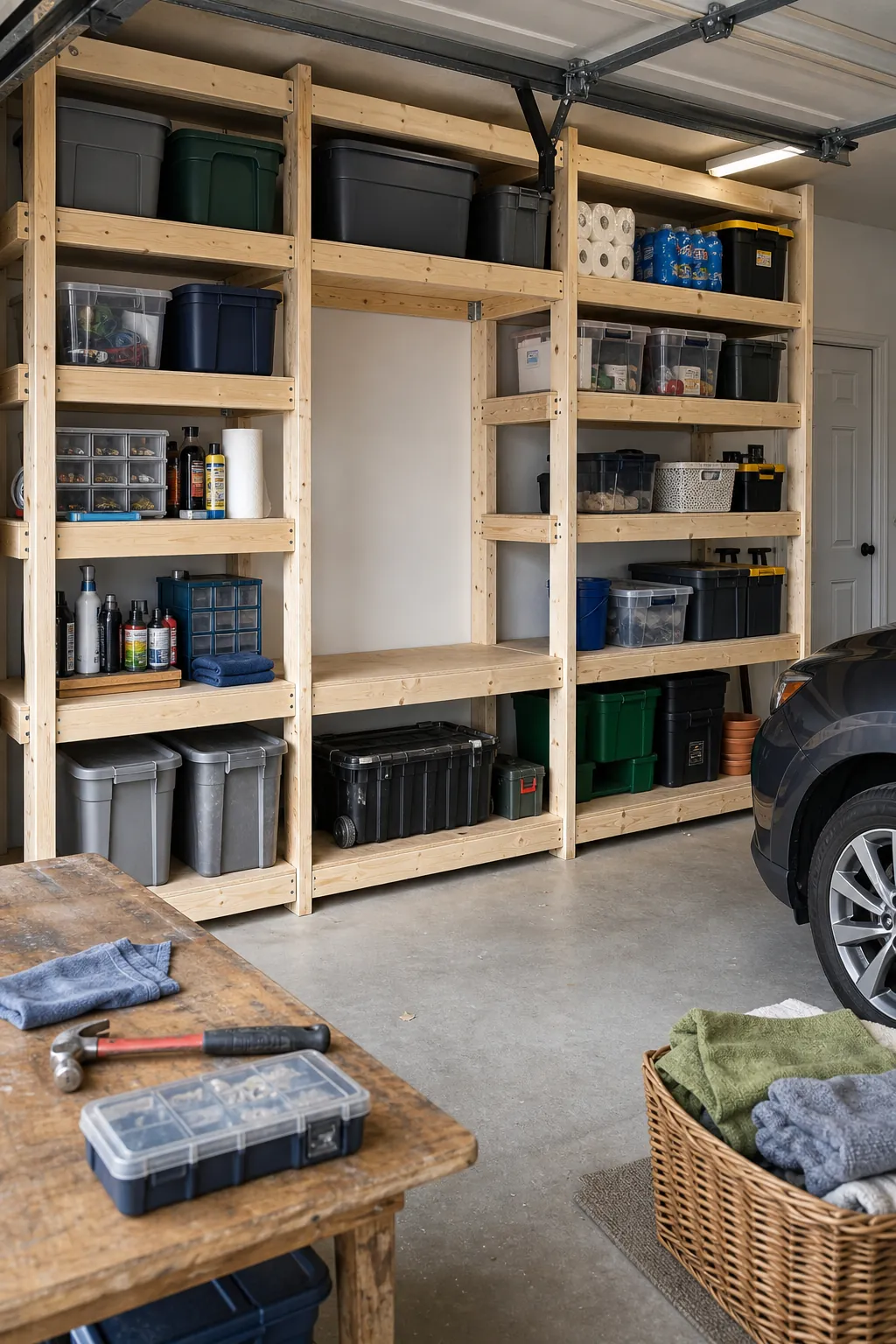 Organized garage shelving wall with one intentionally empty flex shelf
