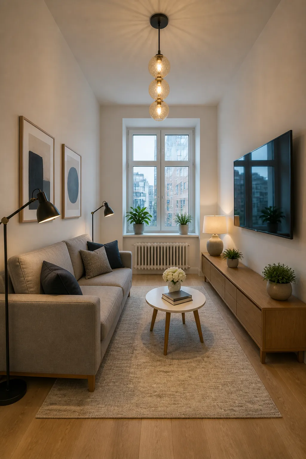 Narrow living room arranged with a slim sofa, compact tables, and a clear walkway