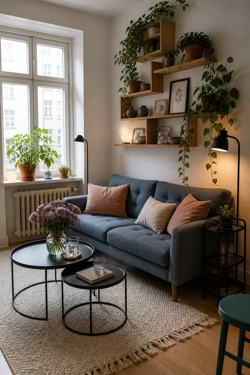 Compact sofa framed by leafy plants and space-saving wall shelves