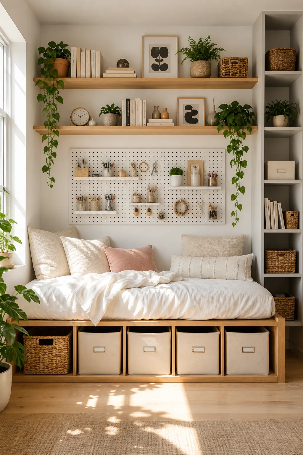 Storage daybed styled as a comfortable apartment seating and sleeping nook