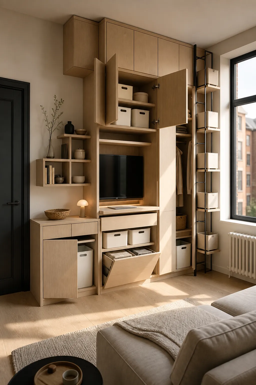Floor-to-ceiling modular shelves providing vertical storage in a small room
