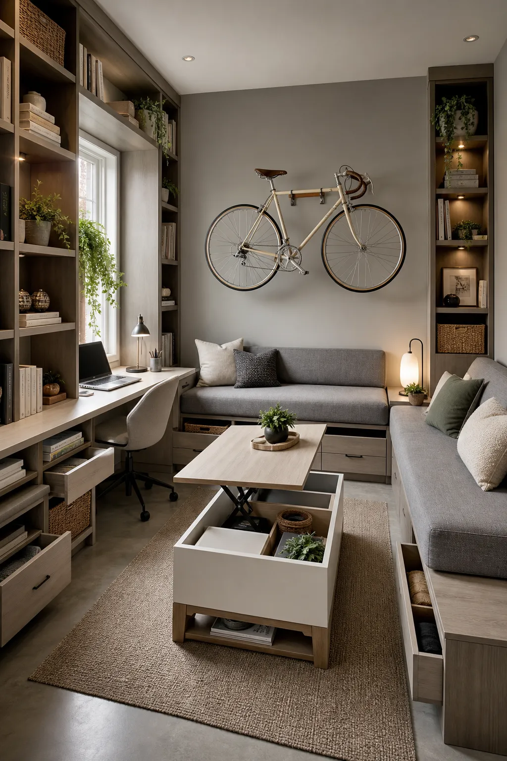 Multifunctional studio apartment organized into living, sleeping, and storage zones