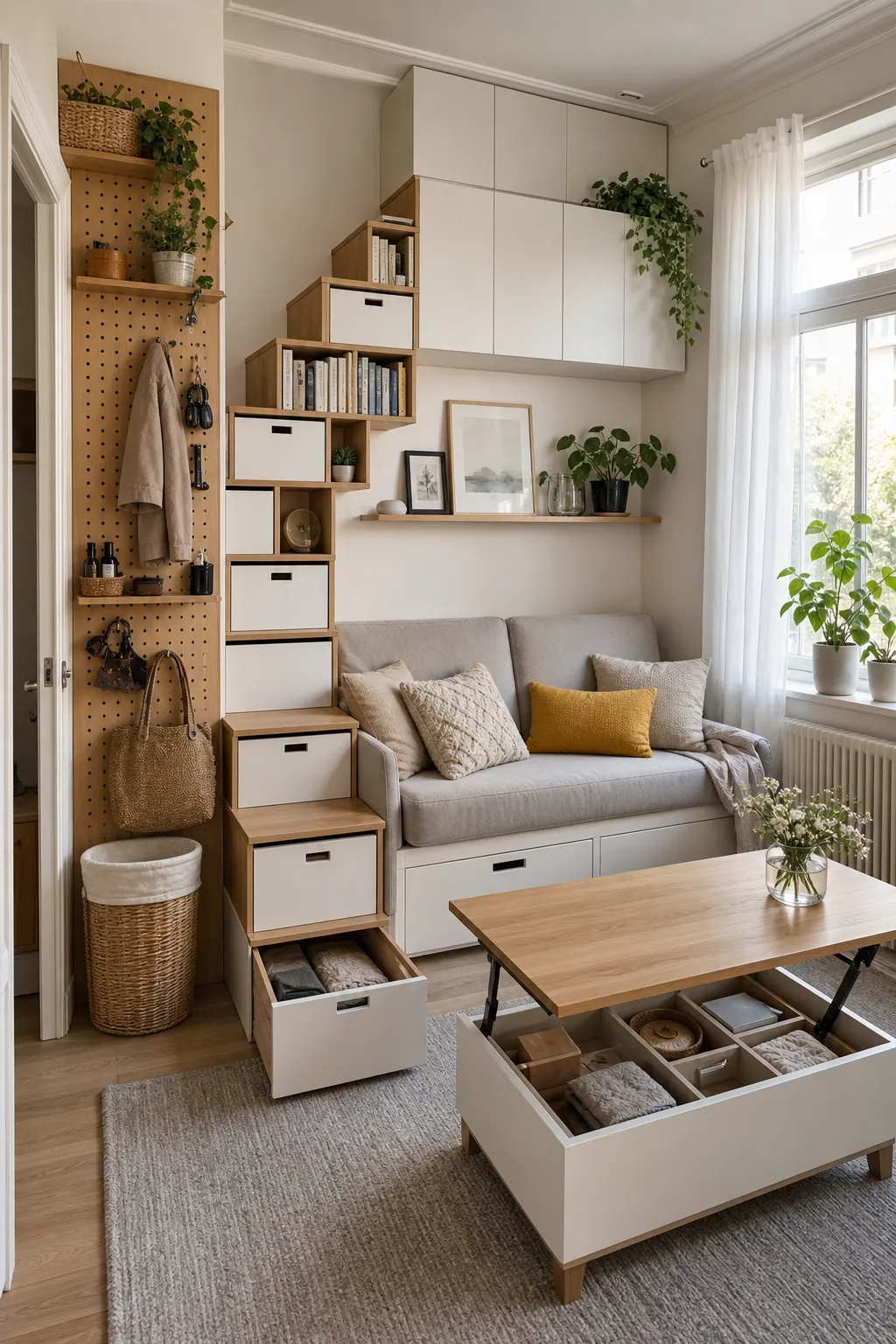 Small living room furnished with an ottoman and tables featuring hidden storage