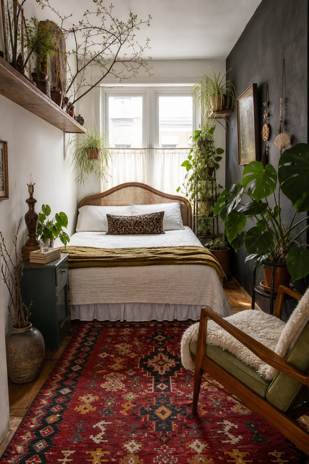 Small boho bedroom decorated with layered textiles and abundant green plants