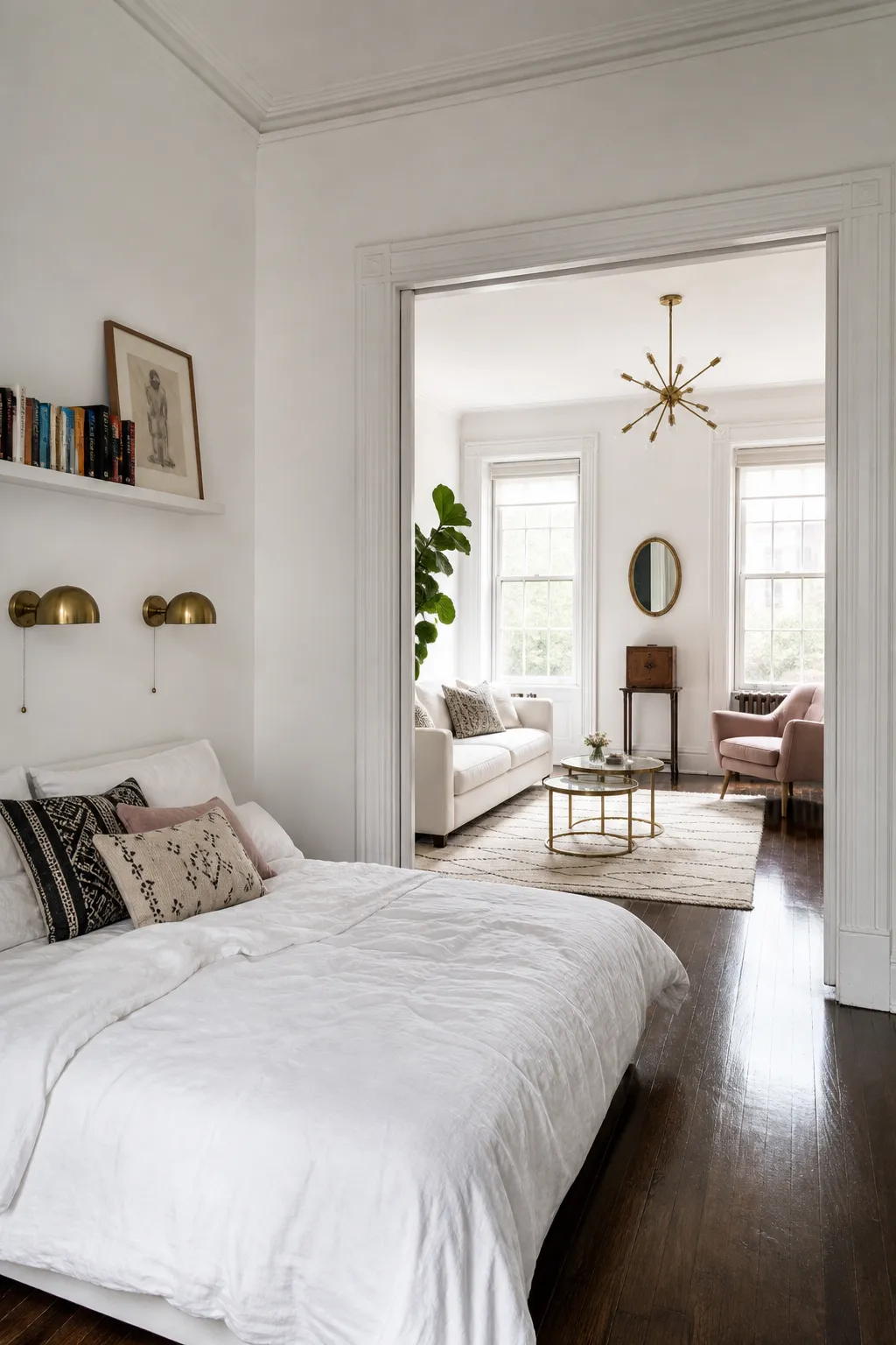 Open-plan bedroom and living area with pale colors and lightweight furniture
