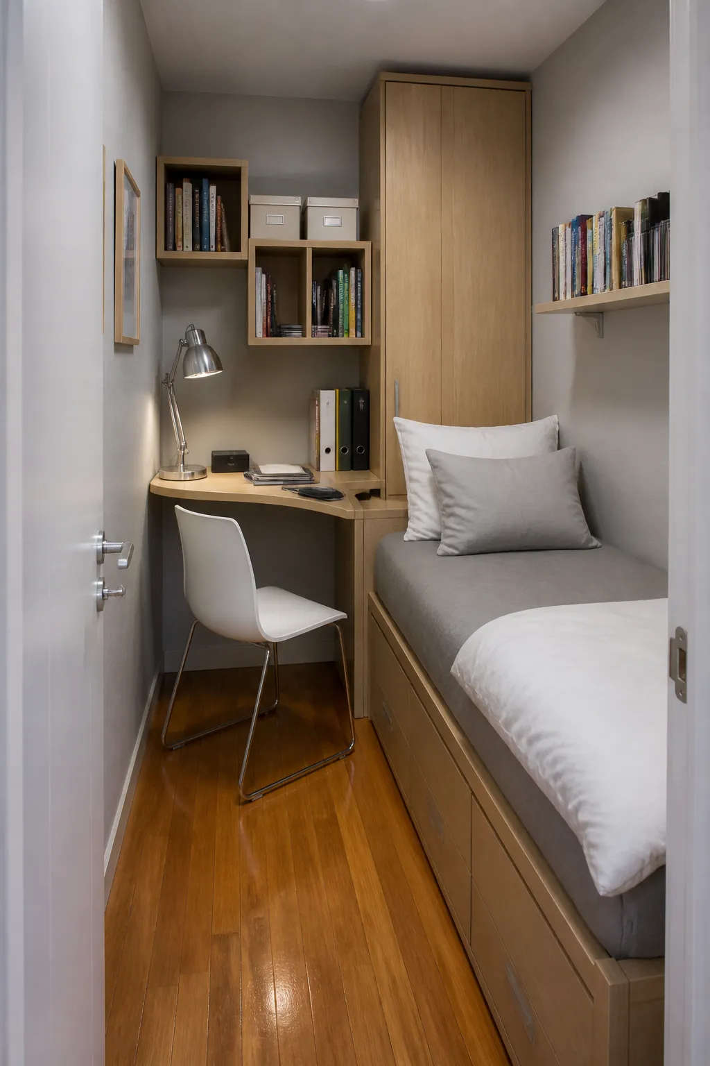 Narrow bedroom with a compact desk arranged as a focused home office