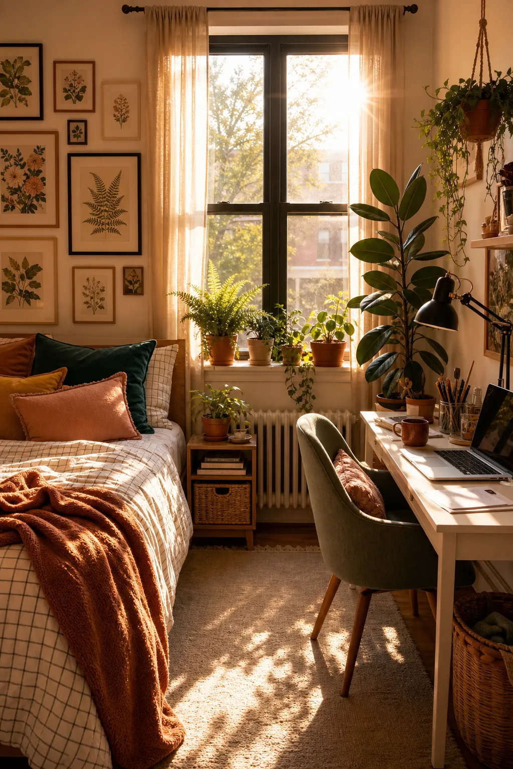 Sunlit bedroom workspace decorated with potted green plants