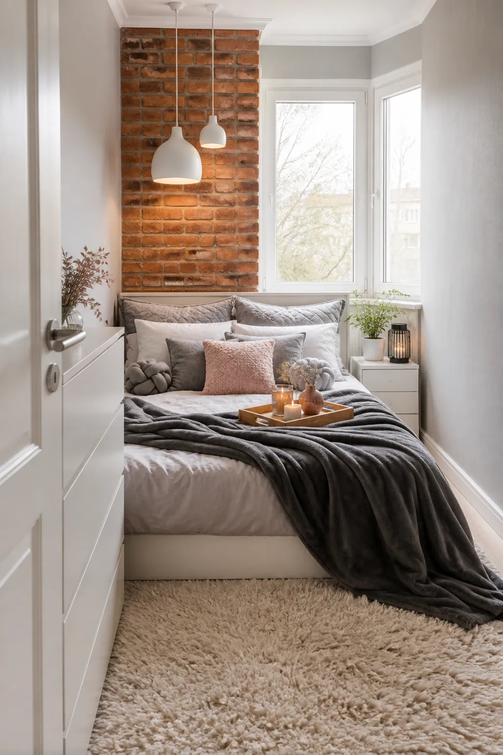 Narrow bedroom featuring a warm exposed brick accent wall
