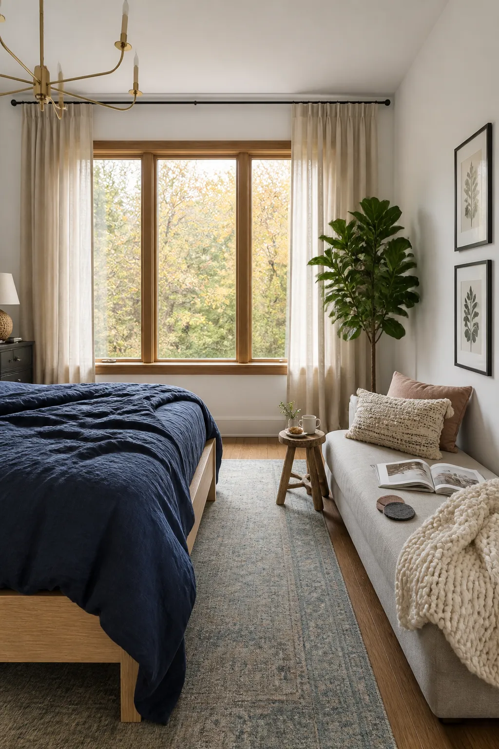 Bedroom reading corner with a comfortable chaise, lamp, and small side table