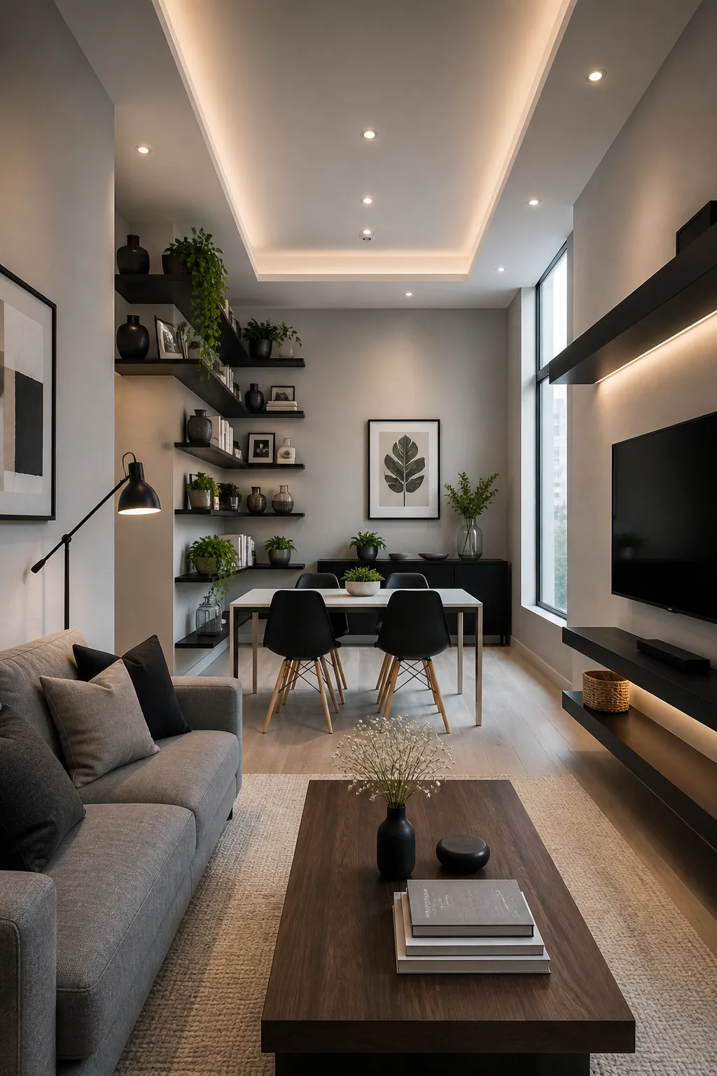 Small adjoining living and dining areas linked by a cohesive neutral color palette