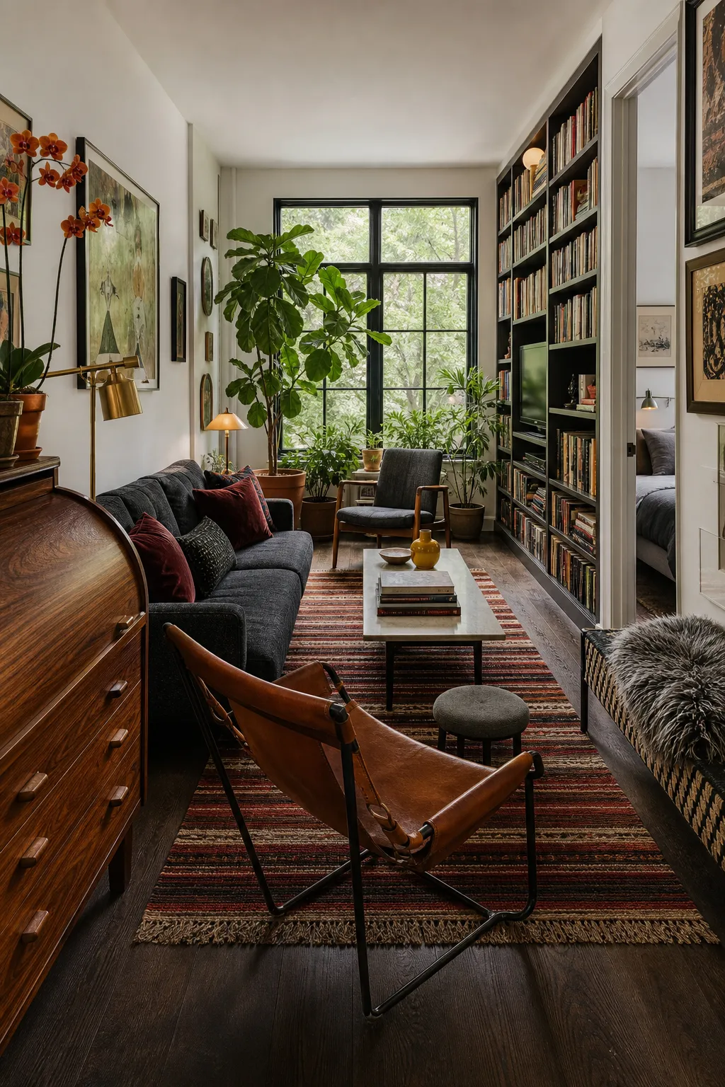 Living room walls covered with eclectic bookshelves, art, and collected objects
