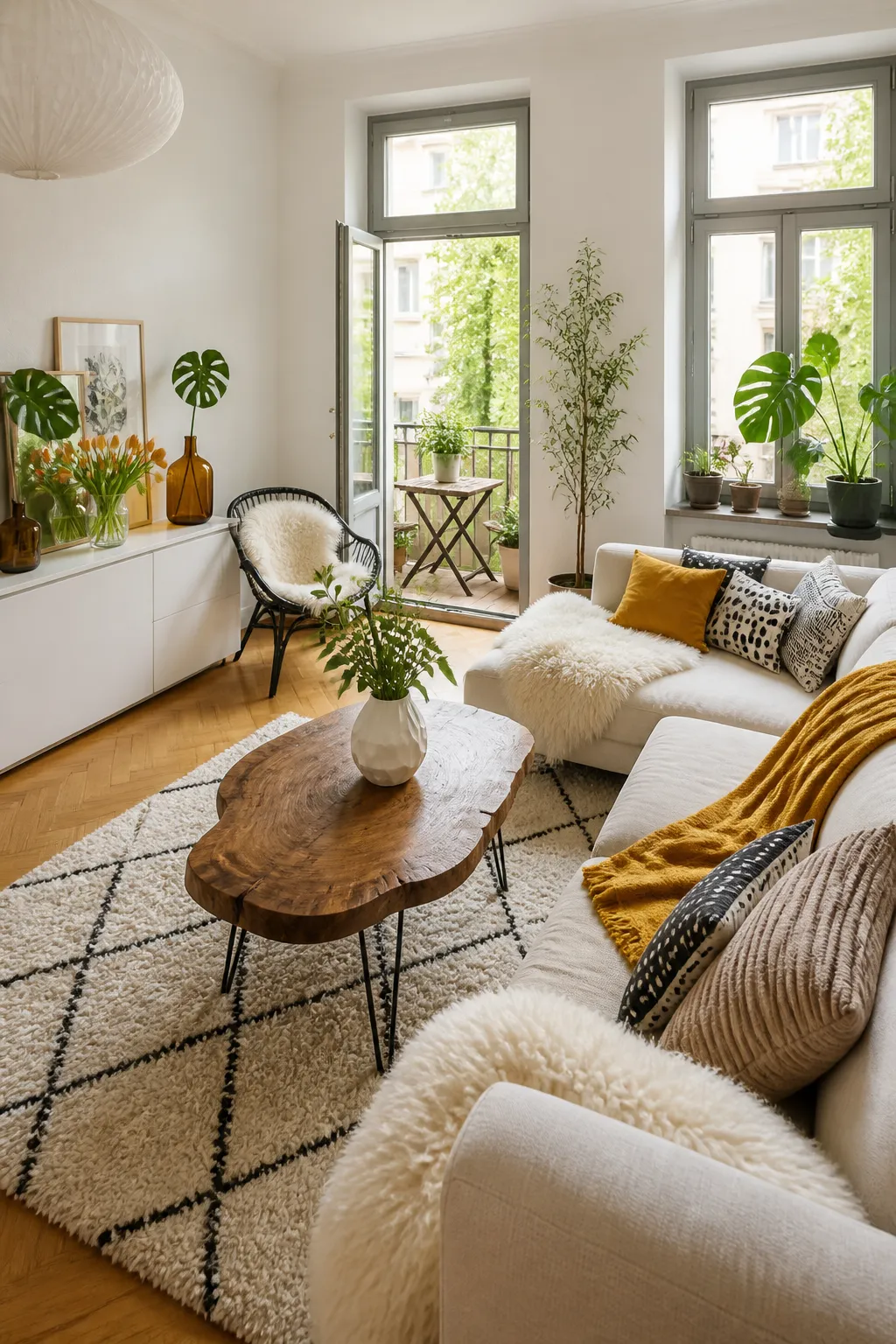 Bright compact living room layered with neutral bohemian textiles, natural wood, and woven accents