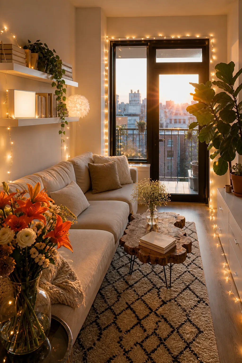 Small cozy living room illuminated by warm string lights and soft layered furnishings