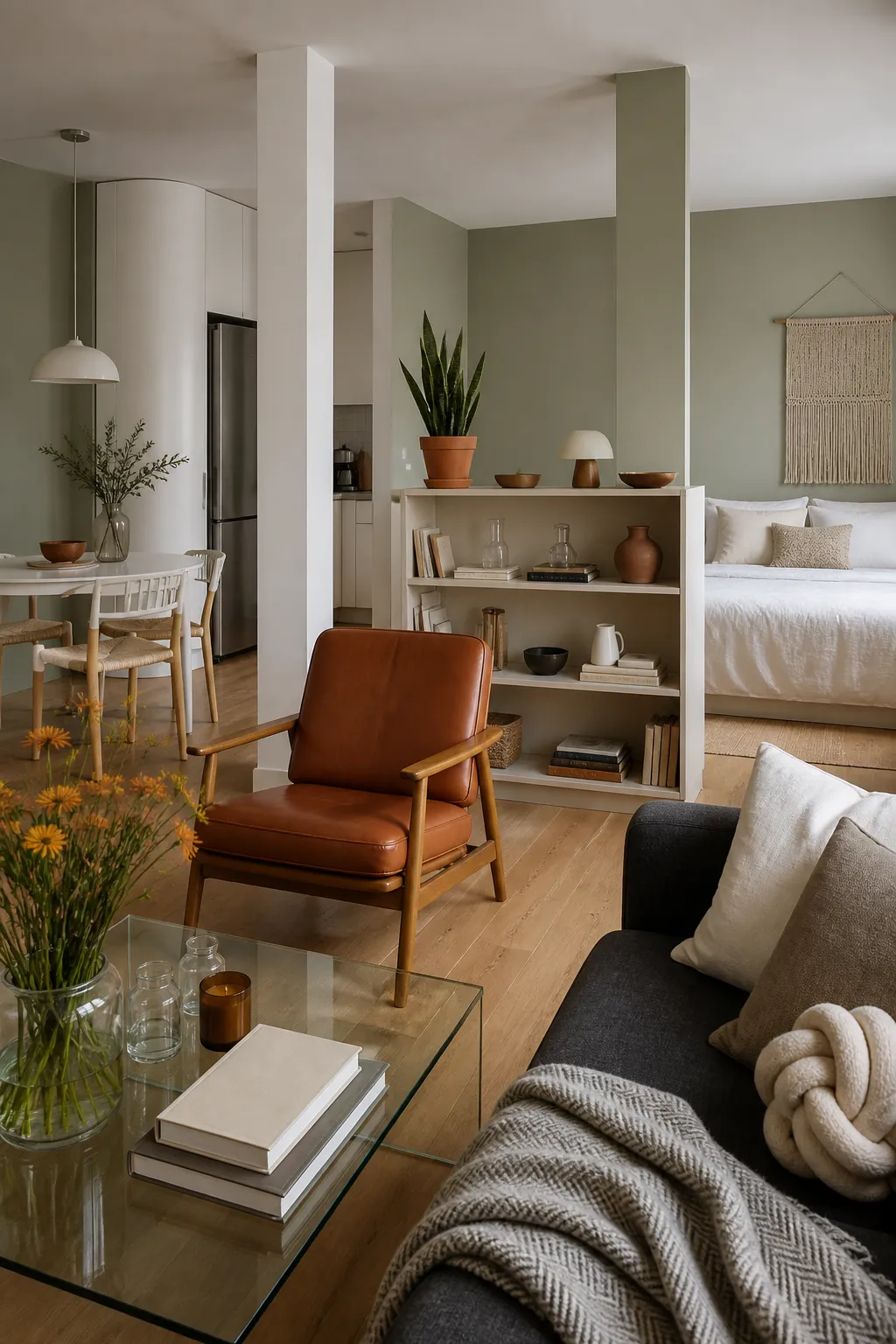 Open-plan studio apartment unified by sage green furnishings and coordinated neutral decor